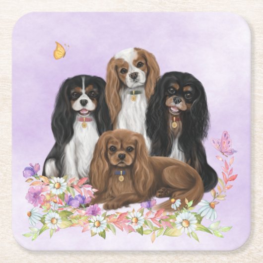 Four Cavalier King Charles Spaniels in Flowers スクエアペーパーコースター (正面)