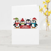 Four Cute Penguins Happy Holidays Sign Card カード (黄色い花)