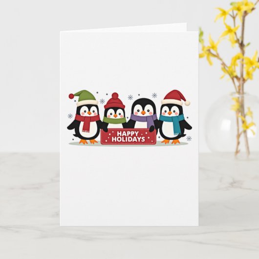 Four Cute Penguins Happy Holidays Sign Card カード (黄色い花)