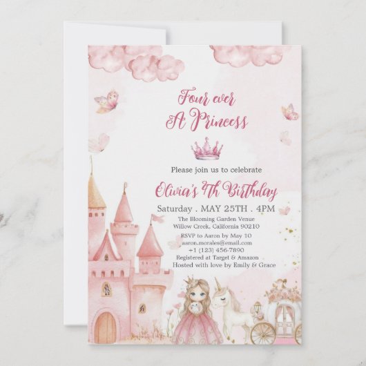 Four Ever A Princess Castle unicorn 4th Birthday 招待状 (正面)