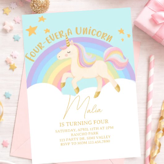 Four-Ever a Unicorn 4th Birthday Invitation – Past 招待状