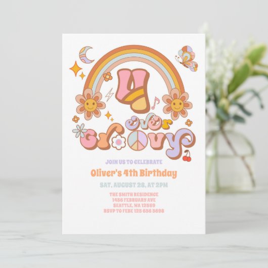 Four Ever Groovy Retro 4th Birthday Invitation 招待状 (スタンド正面)