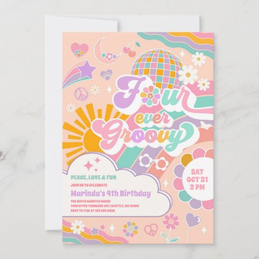 Four Ever Groovy Sun Rainbow Disco 4th Birthday 招待状 (正面)
