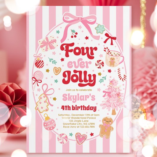 Four Ever Jolly Christmas Bow 4th Birthday 招待状