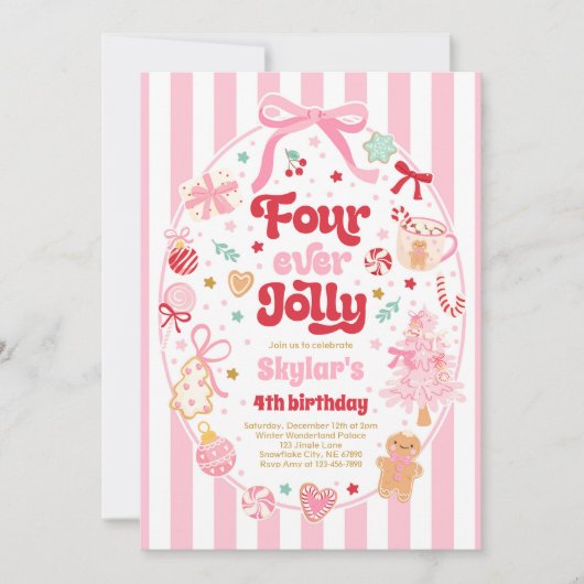 Four Ever Jolly Christmas Bow 4th Birthday 招待状 (正面)