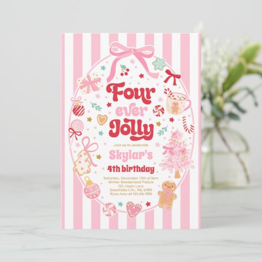 Four Ever Jolly Christmas Bow 4th Birthday 招待状 (スタンド正面)