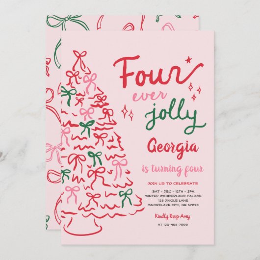 Four Ever Jolly Coquette Christmas 4th Birthday 招待状 (正面/裏面)