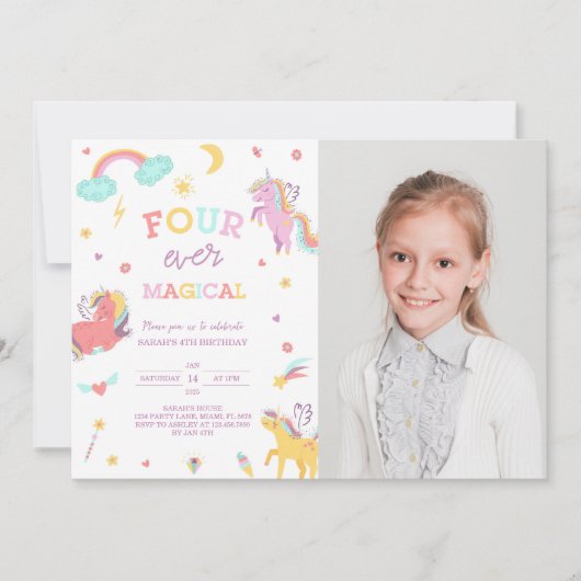 Four Ever Magic Unicorn 4th Birthday Photo 招待状 (正面)