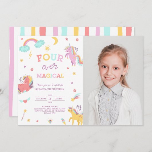 Four Ever Magic Unicorn 4th Birthday Photo 招待状 (正面/裏面)