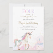 Four Ever Magical Pastel Unicorn 4th Birthday 招待状 (正面)