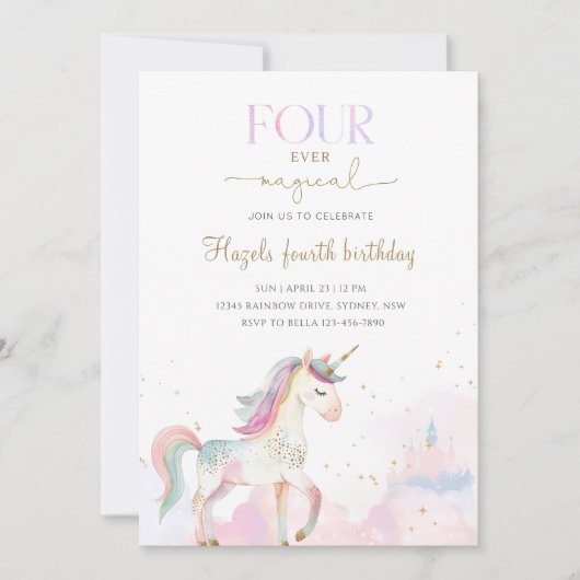 Four Ever Magical Pastel Unicorn 4th Birthday 招待状 (正面)