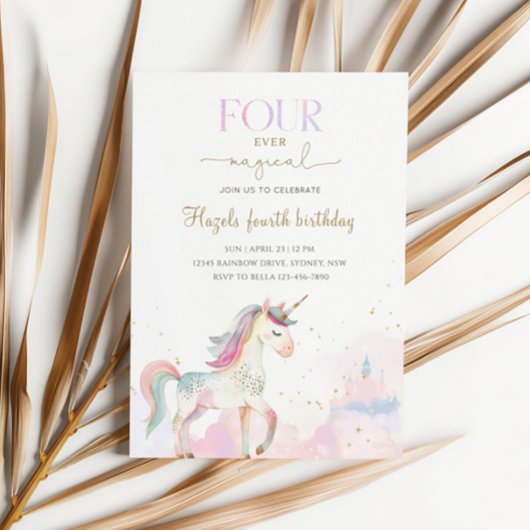 Four Ever Magical Pastel Unicorn 4th Birthday 招待状