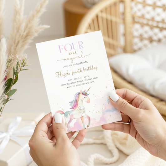 Four Ever Magical Pastel Unicorn 4th Birthday 招待状