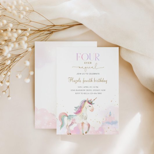 Four Ever Magical Pastel Unicorn 4th Birthday 招待状