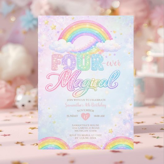 FOUR EVER Magical Rainbow 4th birthday invitation 招待状