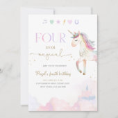 Four Ever Magical Unicorn 4th Birthday Party 招待状 (正面)