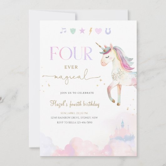 Four Ever Magical Unicorn 4th Birthday Party 招待状 (正面)