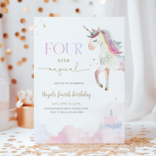 Four Ever Magical Unicorn 4th Birthday Party 招待状