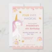 Four Ever Magical Unicorn Pink Girl Birthday 招待状 (正面)