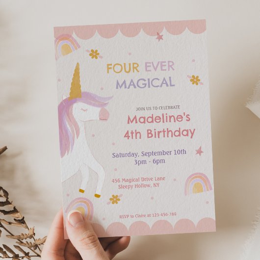 Four Ever Magical Unicorn Pink Girl Birthday 招待状