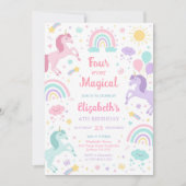 Four Ever Magical Unicorn Rainbow 4th Birthday 招待状 (正面)