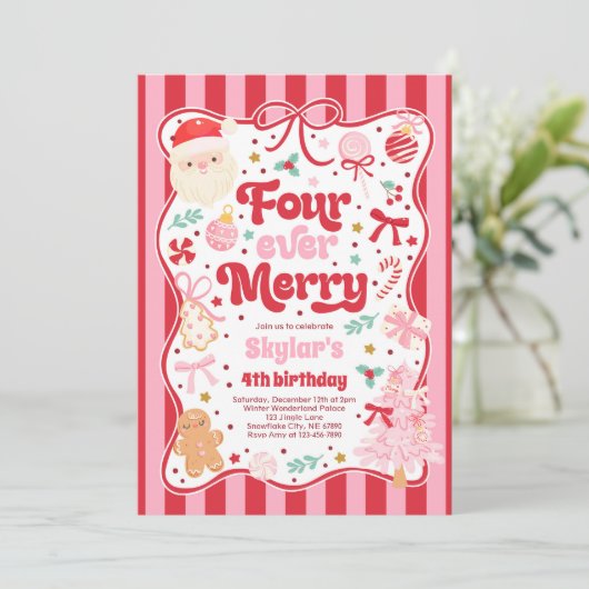 Four Ever Merry Christmas Bow 4th Birthday 招待状 (スタンド正面)