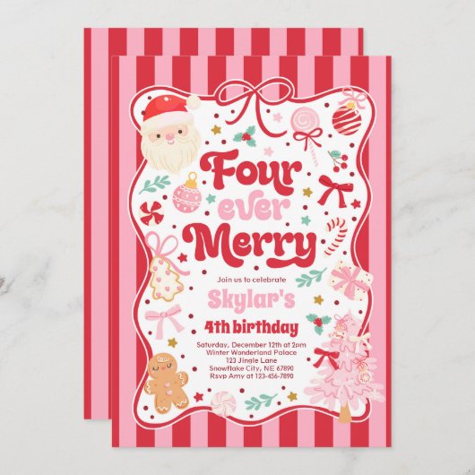 Four Ever Merry Christmas Bow 4th Birthday 招待状 (正面/裏面)