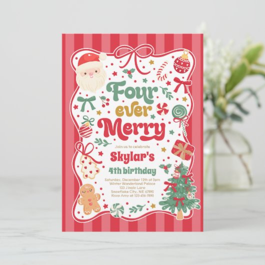Four Ever Merry Christmas Bow 4th Birthday 招待状 (スタンド正面)