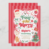 Four Ever Merry Christmas Bow 4th Birthday 招待状 (正面/裏面)