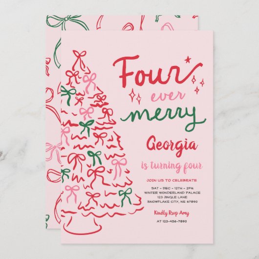 Four Ever Merry Coquette Christmas 4th Birthday 招待状 (正面/裏面)