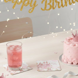 Four Ever Pink Princess Castle Birthday coaster  スクエアペーパーコースター