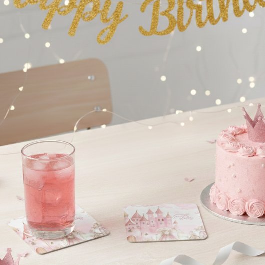 Four Ever Pink Princess Castle Birthday coaster  スクエアペーパーコースター