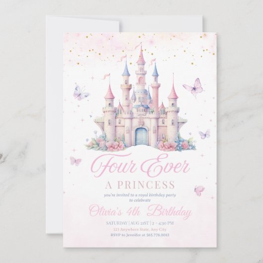 Four Ever Princess Birthday Fairytale Castle Girls 招待状 (正面)