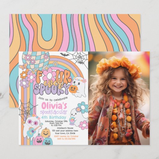 Four Ever Spooky Hippie Halloween 4th Birthday 招待状 (正面/裏面)