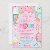 Four Ever Sweet ガール 4歳の誕生日招待状 招待状 (正面)