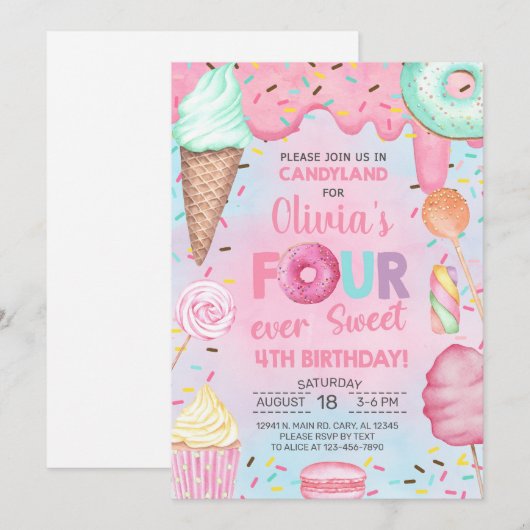 Four Ever Sweet ガール 4歳の誕生日招待状 招待状 (正面/裏面)