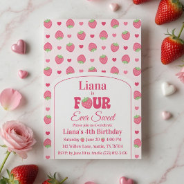 Four Ever Sweet ピンクいちごガール 4歳の誕生日 招待状