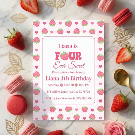 Four Ever Sweet ピンクいちご女子4歳の誕生日 招待状
