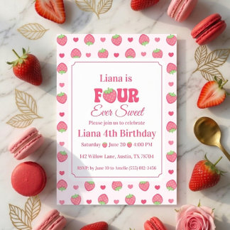 Four Ever Sweet ピンクいちご女子4歳の誕生日 招待状