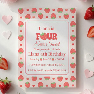 Four Ever Sweet ピンクいちご女子4歳の誕生日 招待状