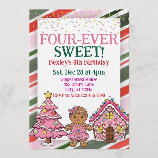 Four-Ever Sweet, Pink Gingerbread 4th Birthday 招待状 (正面)