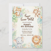 Four Ever Wild ジャングルサファリ動物 4歳の誕生日 招待状 (正面)