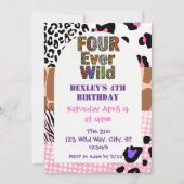 Four Ever Wild Animal Print Girls Birthday 招待状 (正面)