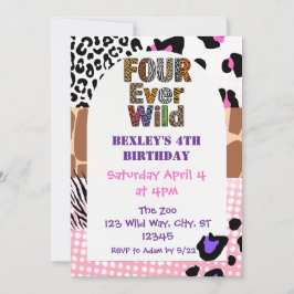 Four Ever Wild Animal Print Girls Birthday 招待状