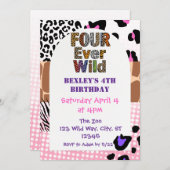 Four Ever Wild Animal Print Girls Birthday 招待状 (正面/裏面)