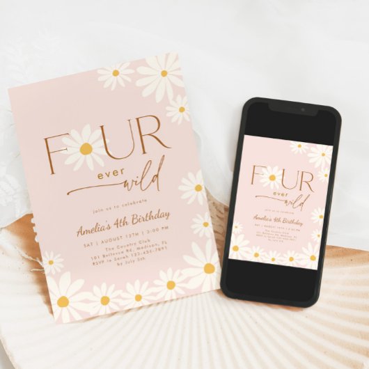 FOUR ever Wild Daisy Floral 4th Birthday 招待状