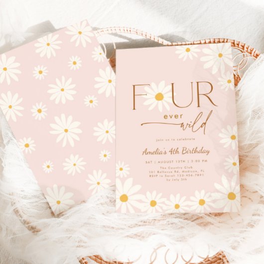 FOUR ever Wild Daisy Floral 4th Birthday 招待状