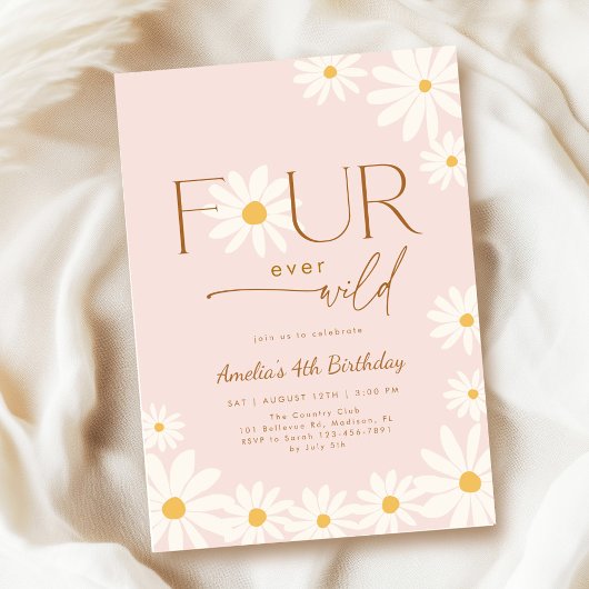 FOUR ever Wild Daisy Floral 4th Birthday 招待状