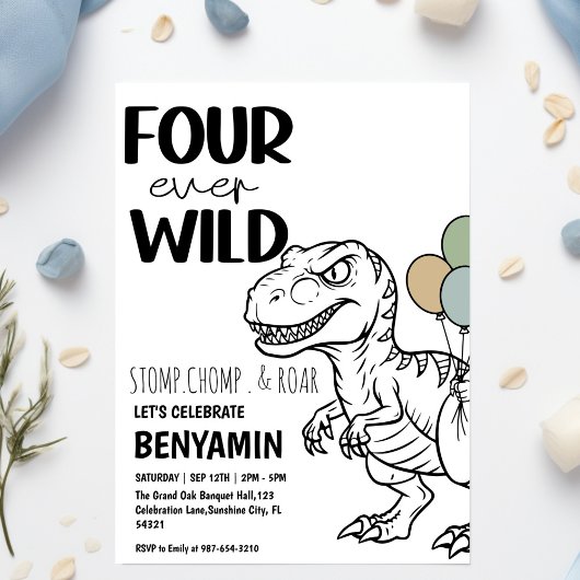 Four Ever Wild Dinosaur  Boy  Birthday Party  招待状