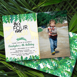 Four Ever Wild Dinosaur Boys 4th Birthday写真 箔招待状